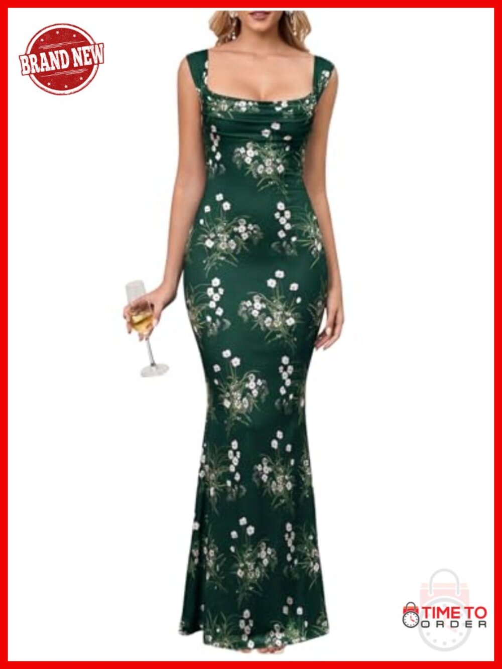 Women Floral Bodycon Maxi Dress Cowl Neck Formal Wedding Guest